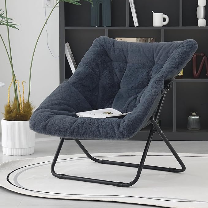 Saucer Chair, Comfy Doorm Chairs, Oversized Folding Faux Fur Chair, Foldable Metal Frame Chair, for Bedroom, Living Room, Balcony, Study, Playroom (Navy Blue)