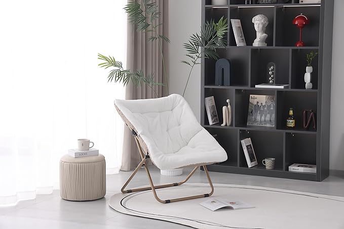 Saucer Chair, Comfy Bedroom Chairs, Oversized Folding Faux Fur Chair, Foldable Metal Frame Chair for Bedroom, Study, Playroom (White)