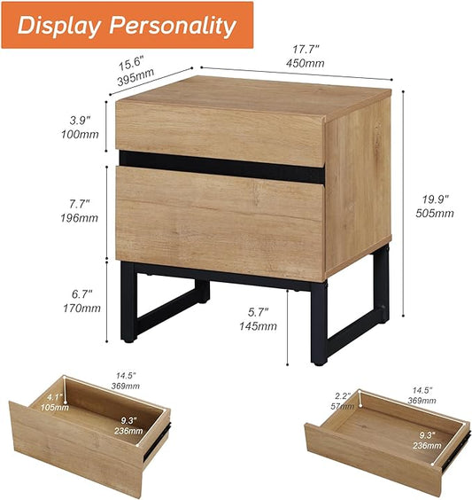 WAMPAT Modern End Table with 2 Drawers, Farmhouse Sofa Table, Wooden Rustic Side Sofa Table Metal Leg for Living Room, Nighstand for Bedroom, Oak