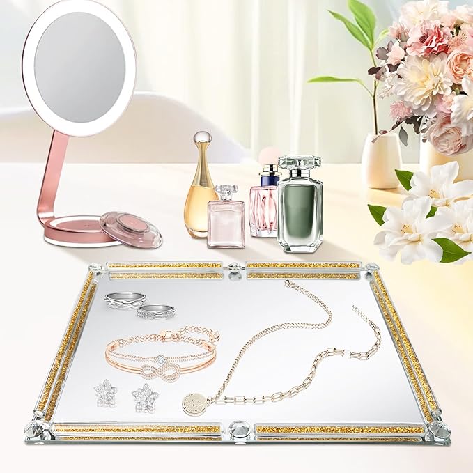 Large Mirror Perfume Tray for Dresser,Crushed Diamond Filled Glass Vanity Tray,Gold Decorative Bathroom Tray,Crystal Tray for Home Decorative,Party,Hotel Banquet,15.7x11.8x1.4inch,Gold