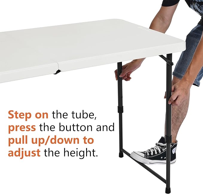 Amazon Basics 4 Foot Rectangular Folding Dining Table, 4 Adjustable Height Settings with Carrying Handle, Indoor & Outdoor, White, 47.8 x 23.9 x 33.9 in