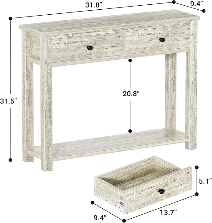 Homieasy Farmhouse Console Table with 2 Drawers, 32 Inch Small Sofa Table with Storage Shelf for Living Room, Behind Couch, Entryway Table for Hallway, Living Room, or Foyer, Light Rustic Oak