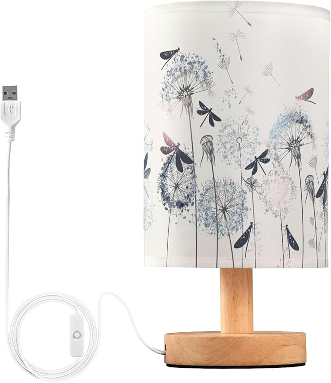 Table Lamp Elegant Dandelion Dragonfly Nightstand Lamp with Wood Base Fabric Lamp Shade Bedside Desk Lamp for Living Room Bedroom Kids Room Office