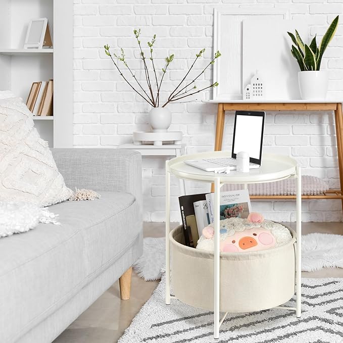 danpinera Round Side Table with Fabric Storage Basket, Metal Side Table Small Bedside Nightstand with Removable Tray Top for Living Room, Bedroom, Nursery, Laundry, White
