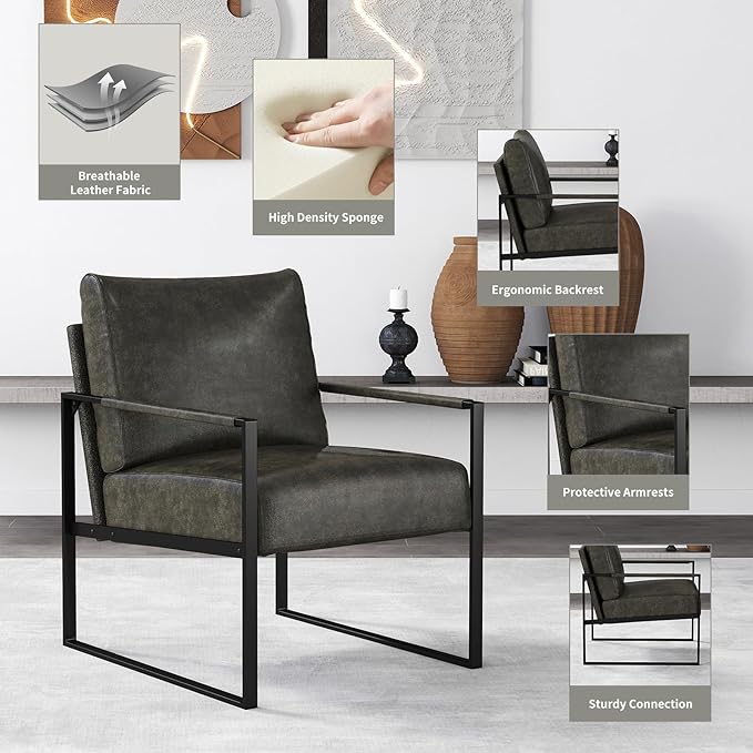 CANMOV Modern Accent Chair Set of 6, PU Leather Armchair with Metal Frame,Comfy Single Reading Chair with Soft Padded Backrest and Cushion for Living Room, Bedroom,Reading Room,Office,Dark Grey