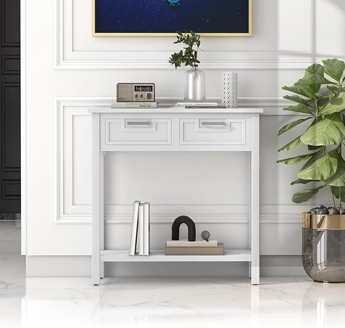 GOFLAME Console Table with 2 Drawers, 31” Entry Table with Storage Shelf, Modern, Narrow Sofa Table for Living Room, Hallway, Entrance (White)
