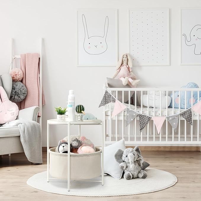 danpinera Round Side Table with Fabric Storage Basket, Metal Side Table Small Bedside Nightstand with Removable Tray Top for Living Room, Bedroom, Nursery, Laundry, White