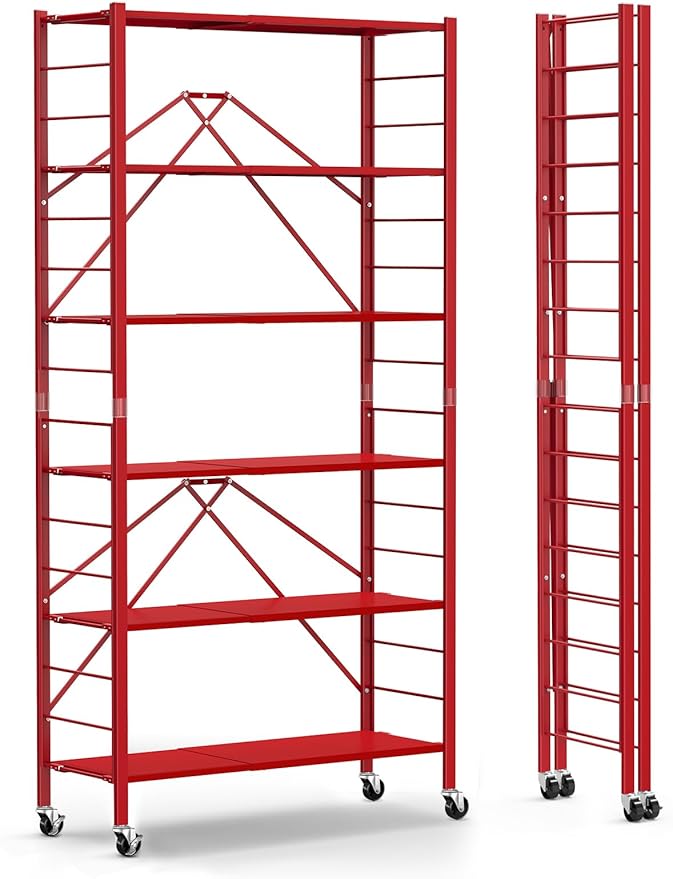 Himix 6 Tier Foldable Storage Shelves, Expandable Folding Bookshelf with Wheels, Changeable into 2 Shelf Units, Collapsible Adjustable Storage Rack Metal Shelves for Garage Kitchen, Basement, Red