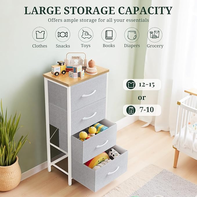 Nightstand, 4 Drawer Dresser End Table Bedside Furniture with Wooden Top Steel Frame Fabric Bins for Bedroom, Closet, Entryway, Dorm, Living Room, Light Gray