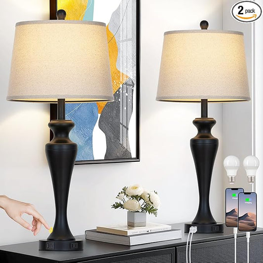 30" Black Table Lamps Set of 2, Touch Control Tall Living Room Lamp with USB A+C Ports and AC Outlet, 3-Way Dimmable Bedside Lamps for Nightstand, Modern Metal Bedroom Lamp, 2 Bulbs Included