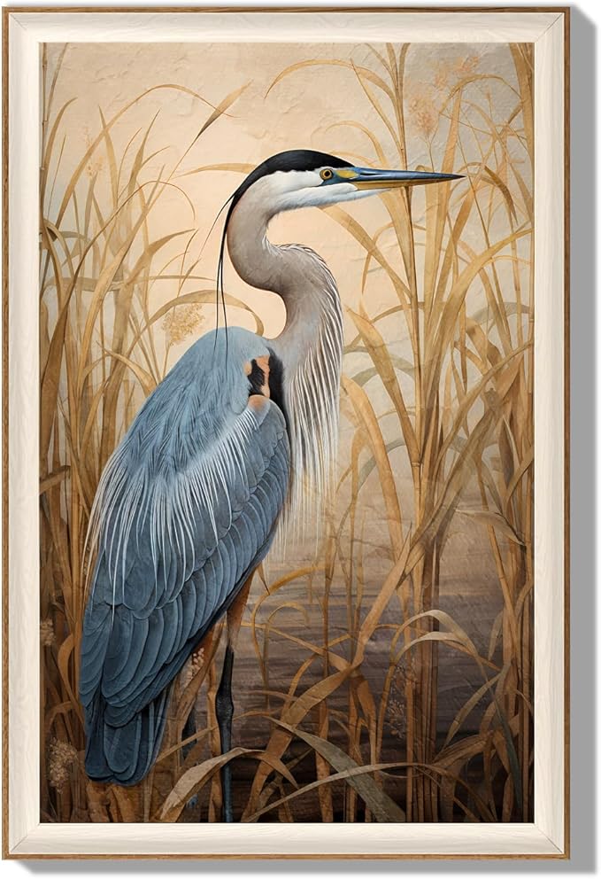 YUEYARIT Framed wall art, vintage wall decor, modern farmhouse style heron decor, canvas printed pictures, suitable for gifts, cottagecore bedroom, bathroom, living room, and office artwork.