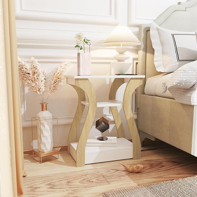 End Table with Charging Station, Side Table with USB Ports and Outlets, 3 Tier Nightstand Sofa Table for Small Spaces, Beside Table with Storage Shelf for Living Room, Bedroom