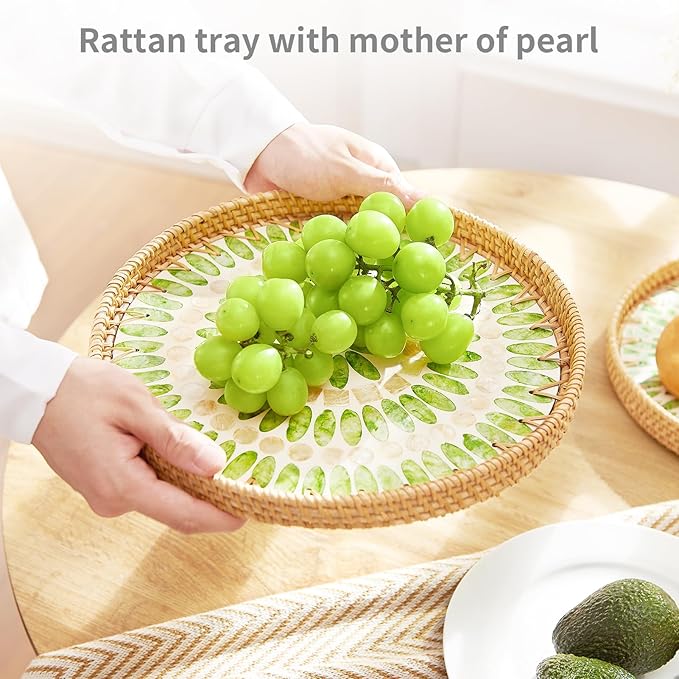 Rattan Tray with Mother of Pearl Inlay, Round Rattan Serving Tray with Wooden Base, Decorative Wicker Basket for Table Decor, Mosaic Tray for Storage and Display of Jewelry Coffee Food (Emerald green)