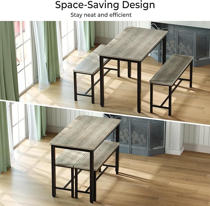 Tatub Dining Table Set for 4, 3-Piece Kitchen Table with 2 Benches, Space-Saving Dining Room Set for Breakfast Nook and Small Spaces, Grey