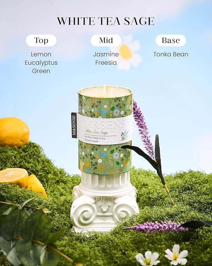 M&SENSE White Tea Sage Scented Candle, Medium Jar Candle 11.3oz Natural Soy Wax for Home Scented, Floral Candles Gift for Spring Holiday, Up to 70 Hours Burning Long-Lasting Fragrance