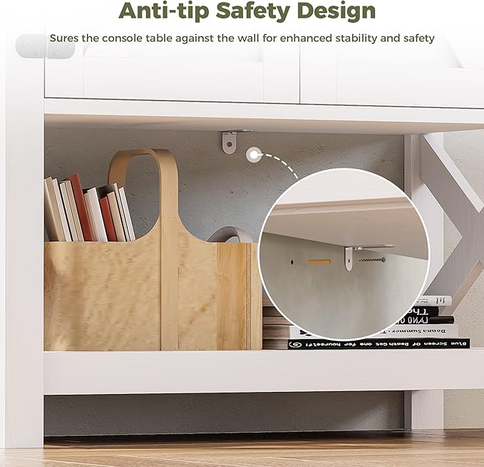 IRONCK Farmhouse Console Table with Storage Cabinet, Entryway Table with Shelf, Coffee Bar with Power Outlets for Hallway Kitchen Living Room, White