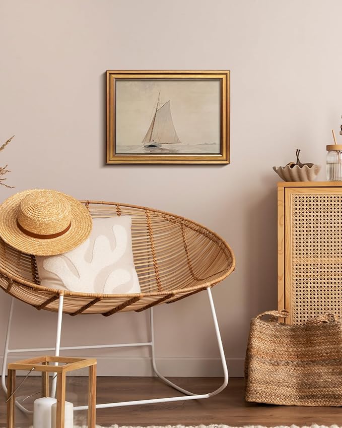 HUARCEY Gold Framed Vintage Wall Art for Living Room, Seaview Painting Prints Shelf Decor for Kitchen, Aesthetic Bedroom Wall Art, Christmas Gifts for Friends or Family (White Sailboat - 12"x16")