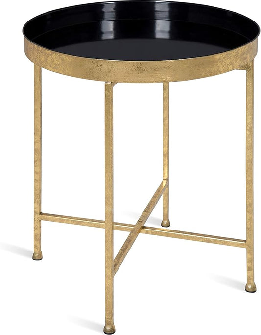 Kate and Laurel Celia Metal Foldable Round Accent Table, 18.25" x 18.25" x 22", Black Surface and Gold Frame, Modern Minimalist Design and Detachable Magnetic Tabletop