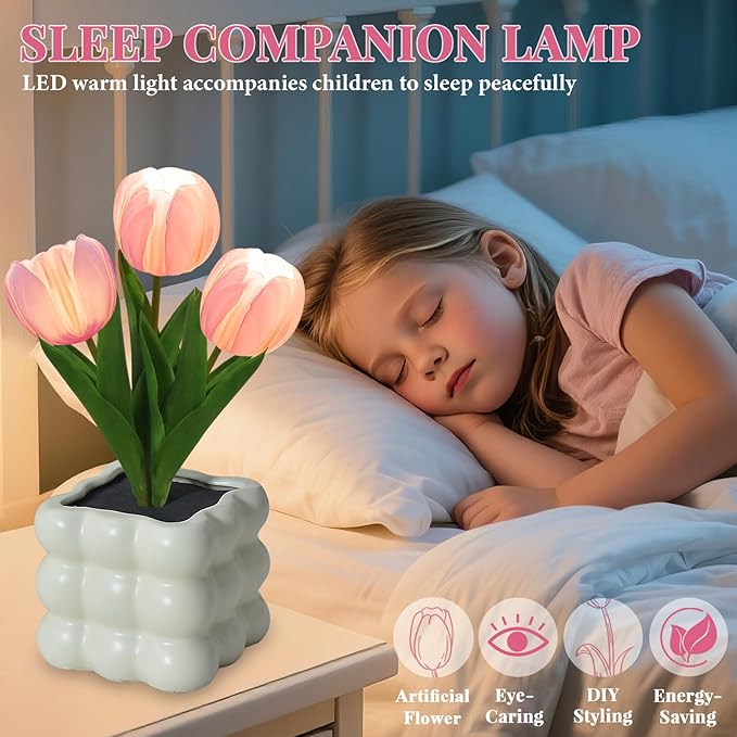 Flower Table Lamp, Tulip Desk LED Night Light for Home Living Room Decor, Artificial Flower with Vase Lamp, Table Centerpieces for Holiday Party Wedding Room Decoration (Pink Tulip - Button Battery)