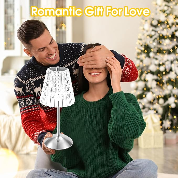 Cordless Touch Table Lamp, LED Rechargeable Small Dask Lamp, 3 Colors Dimmable Battery Operated Crysta Lamp for Bedroom Restaurant Kitchen Home Decor,Silver