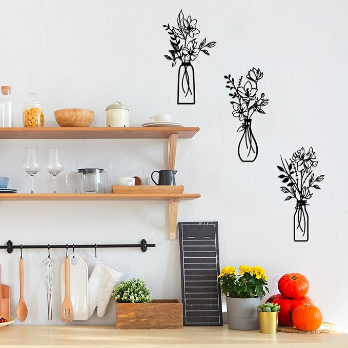 ARTINME 3 Pieces Metal Flowers Wall Arts - Rustic Farmhouse Decor Minimalist Flower Wall Decors for Living room Bathroom Kitchen Bedroom Dining Room - Housewarming Gifts (Black)