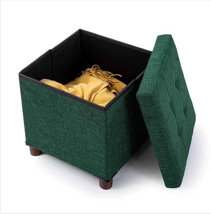 15 Inches Storage Ottoman with Wooden Legs, Cube Foot Rest Stool/Square Footstool Storage for Living Room, Foldable Fabric Ottoman, Comfortable Seat with Lid, Space-Saving Green