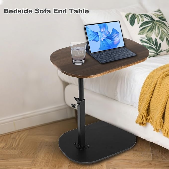Side Table TV Tray for Couch,Height Adjustable 360° Swivel C Shaped End Table for Small Spaces,Bedside Bathroom Living Room (Walnut Wood)