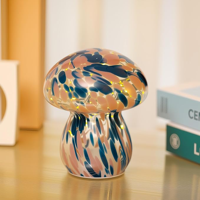 Small Glass Mushroom Table Lamp Night Light Bedside Desk Lamp for Bedroom Nightstand Light -Blue