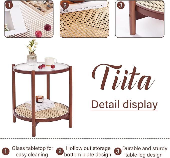 Tiita Rattan Nightstand Side Table, Bamboo Accent Bedside Tables, Glass Coffee Tables, Boho Wooden End Table with Storage for Small Space, Living Room and Bedroom