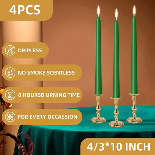 4 Pack Taper Candles - Taper Candles 10 Inch Dripless, Smokeless & Unscented - 8 Hours Long Burning - Hand Poured Tall Candlesticks - Ideal for Weddings, Dinner Parties (Green, 4 Pack Taper Candle)