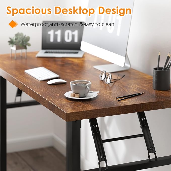 Need Large Computer Desk, 62 inches Long Office Desk, No Install Needed Folding Table Writing Table Workstation for Small Space, Rustic Brown