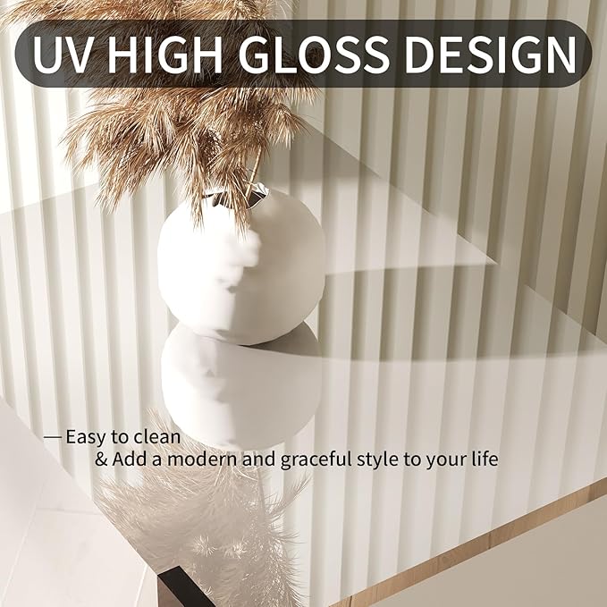 AMERLIFE 2PCS Entertainment Center Side Table Set with Storage, Modern High Gloss End Tables with 2 Cabinet Doors, for Living Room/Bedroom/Office, White/Black