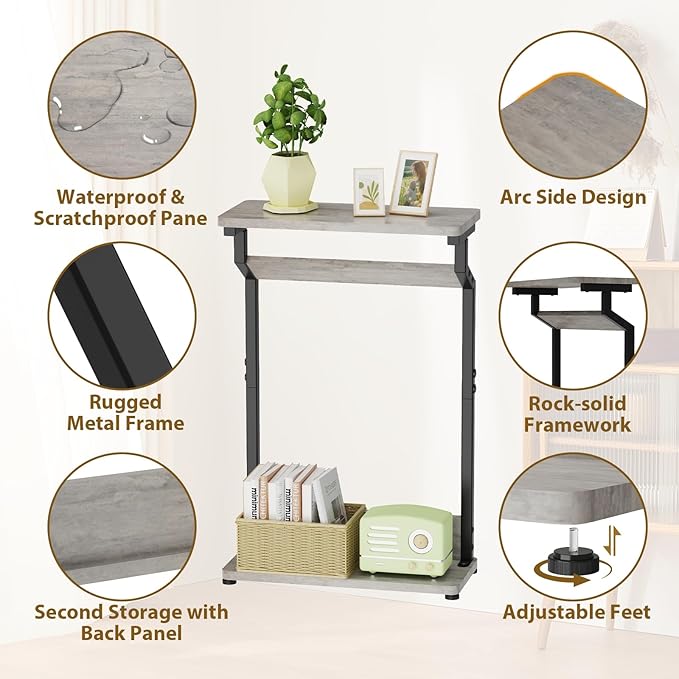 Narrow Side Table for Small Spaces, 2-Tier Farmhouse Small End Table, Slim TV Tray Couch Table Skinny Thin End Tables for Living Room Bedroom, Grey