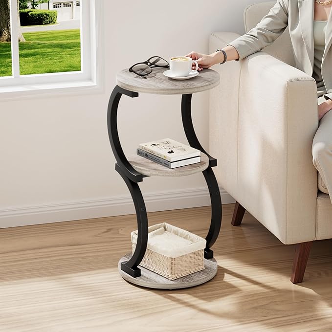 JUSTOGO Small Round Side Table, 3-Tier End Table for Living Room, Vintage Nightstand for Small Spaces Sofa Couch Corner Bedside Bedroom, S-Shaped Wood Accent Table Matel Coffee Table, Greige