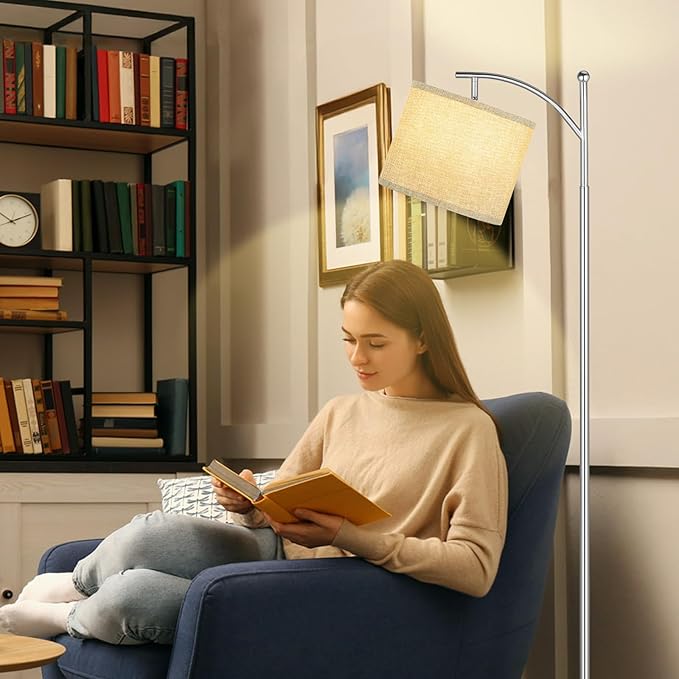 60" Floor Lamps for Living Room with 3 Color Temperatures, Adjustable Grey Shade with Silver Pole, Tall Lamps for Living Room Bedroom Office Classroom Dorm Room, 9W Bulb Included