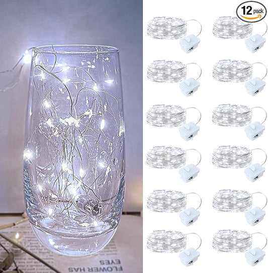 12 Pack Led Fairy Lights - White, Battery Operated LED Silver Wire String Lights, 7FT 20LED Mini Firefly Starry String Lights Waterproof Led Twinkle Lights for Mason Jar DIY Christmas Decor