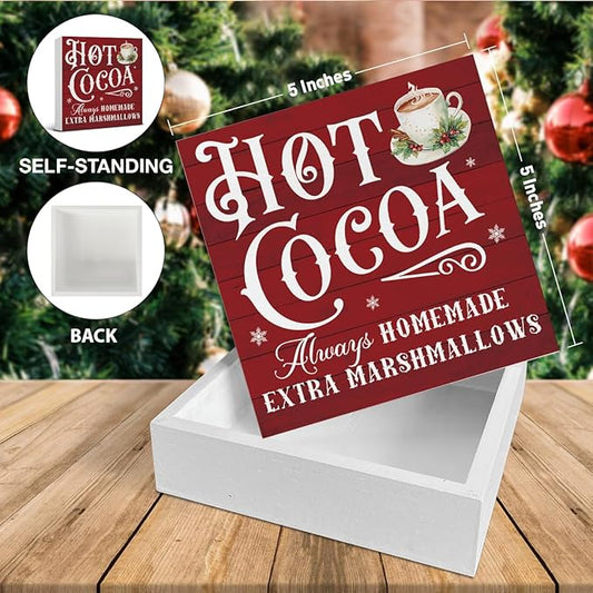 Hot Cocoa Bar Decorations - Christmas Decor, Hot Chocolate Bar Wooden Sign, Home Kitchen Decor for Desk Table Shelf 5 X 5 Inches