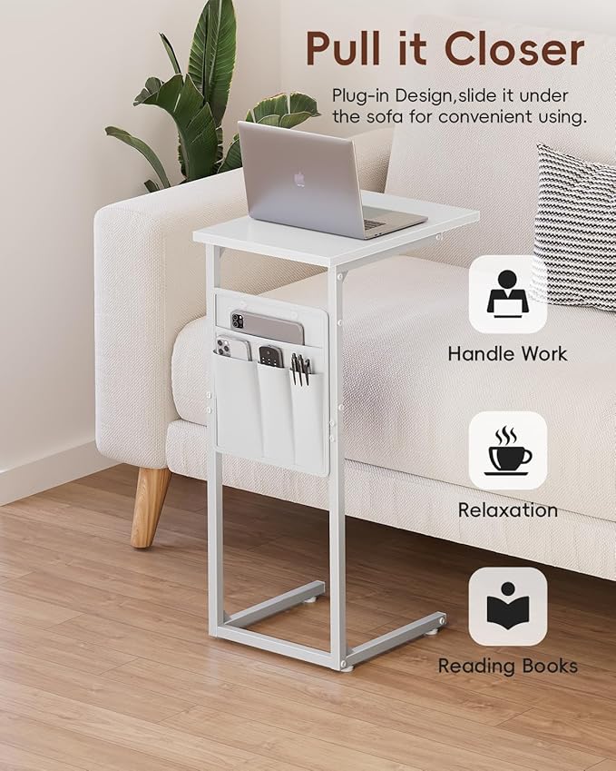 Vagusicc C Shaped End Table, Small Side Table for Couch, Couch Side Table Arm C Table for Sofa, TV Tray Slide Under Sofa Drink Table with Metal Frame for Living Room, Bedroom, Bedside, White