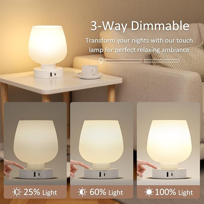 Touch Table Lamp for Nightstand Set of 2 - Bedside Lamp with USB C+A Charging Ports for Bedroom Living Room Night Stands, Desk Lamp with White Glass Shade for Small Spaces, 3 Way Dimmable