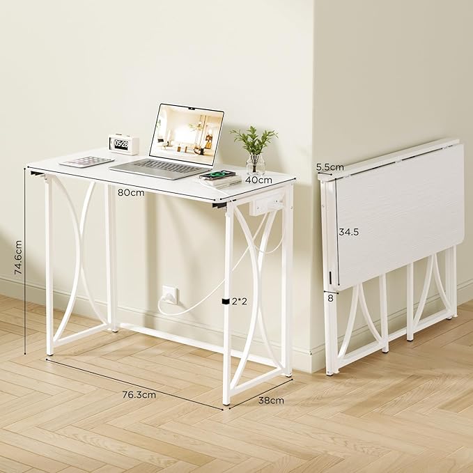 Foldable Desk, 31.5" Small Desk for Bedroom with Power Outlet, Space Saving Folding Computer Desk for Home Office, Easy Assembly, White
