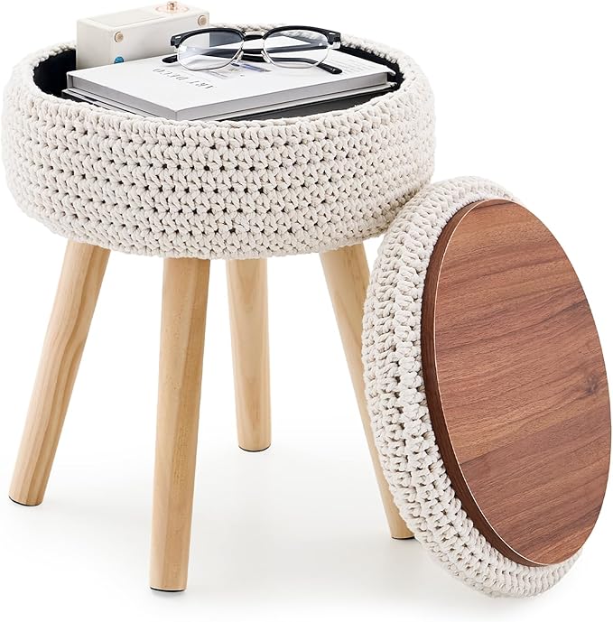Round Foot Stool Ottoman with Storage Footrest with Wood Legs Cotton Knitted Vanity Stool Tray Top Coffee Table Multifunctional Upholstered Footstool for Living Room Bedroom White