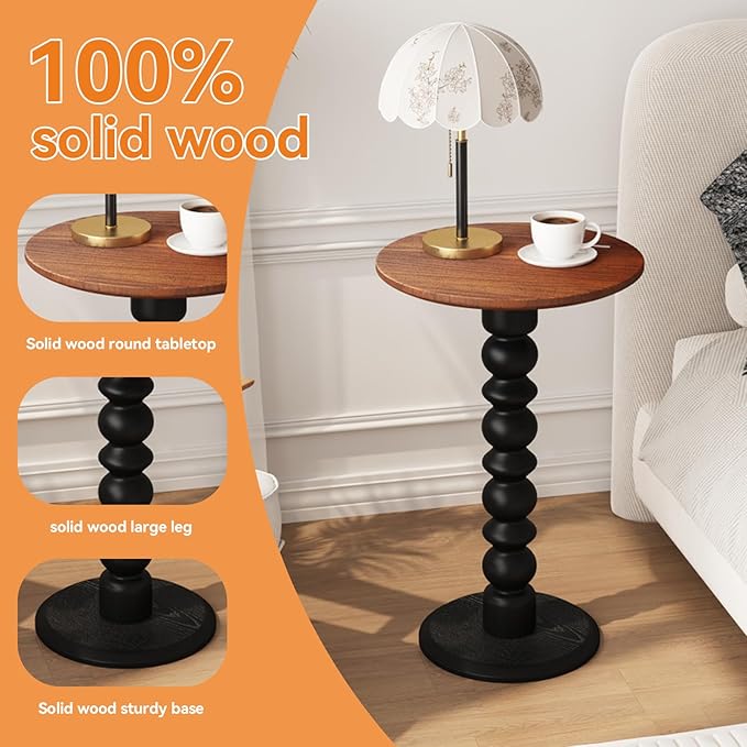 Solid Wood Round Side Table, Small Drink Table,Cocktail Table, Wooden Pedestal End Table, Plant Stand for Living Room, Bedroom，Office and Corners(Walnut/Black)