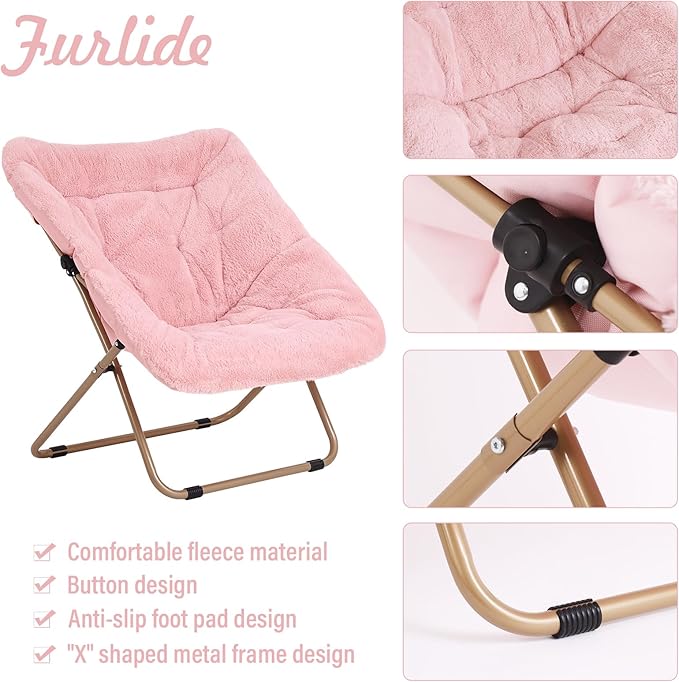Modern Pink Faux Fur Foldable Metal Frame Recliner Chair for Bedroom, Living Room, Balcony