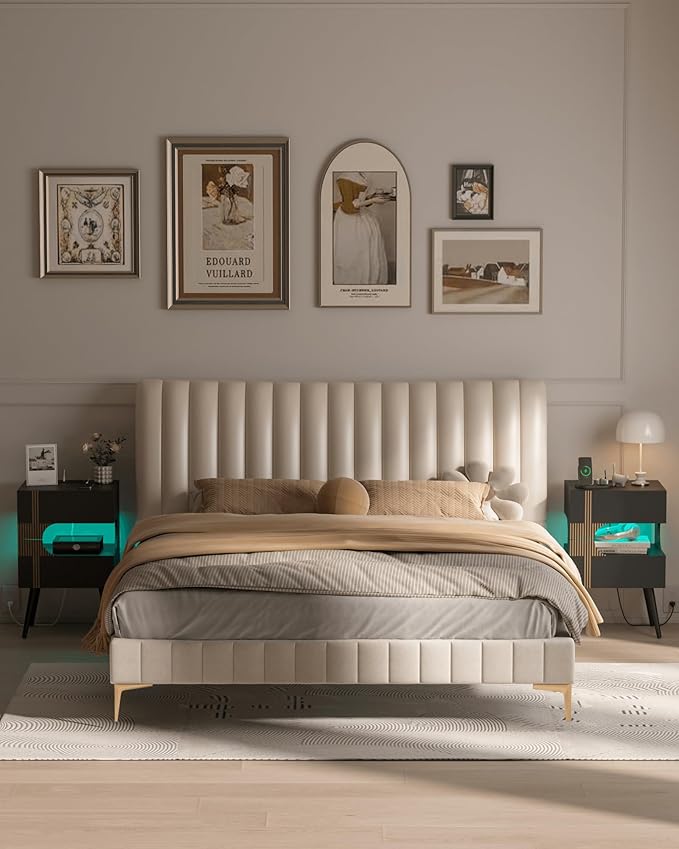 Black Nightstand with Charging Station and LED Lights,Modern Bedside Table with 2 Storage Drawer,Night Stand with Solid Wood Legs,White (Black-2)