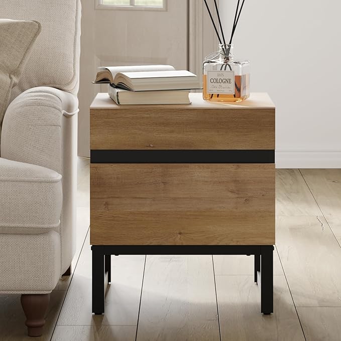 WAMPAT Modern End Table with 2 Drawers, Farmhouse Sofa Table with Black Square Iron Leg, Wood Rustic Side End Table for Living Room, Nighstand for Bedroom, Oak