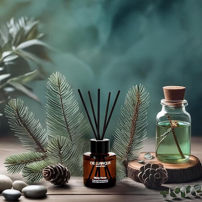 Reed Diffuser Misty Pines Scent, Luxury Reed Diffuser with Pine, Eucalyptus & Amber, Long-Lasting, Natural Aromatherapy Scent for Home, Office, or Bedroom – 50ml