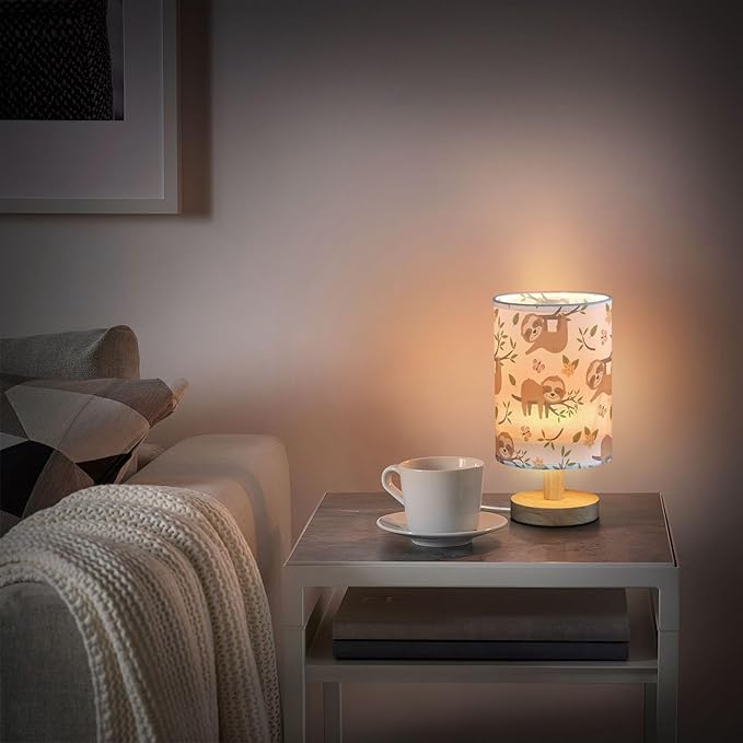 Table Lamp Cute Sloth Butterfly Floral Tree Pattern Nightstand Lamp with Wood Base Fabric Lamp Shade Bedside Desk Lamp for Living Room Bedroom Kids Room Office