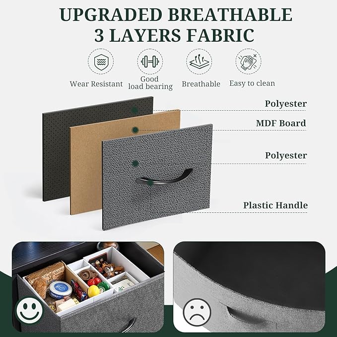 10-Drawer Dresser for Bedroom, Anti-Tip Tall Storage Organizer Chest of Drawers with Wooden Top and Metal Frame Fabric Bins for Closet, Living Room, Hallway, Entryway, Gray