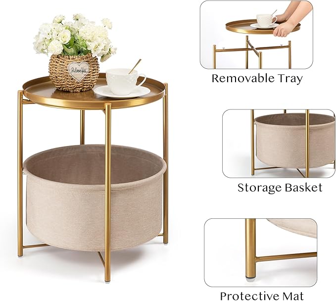 danpinera Round Side Table with Fabric Storage Basket, Pack of 2, Metal Side Table Small Bedside Nightstand with Removable Tray Top for Living Room, Bedroom, Nursery, Laundry, Gold