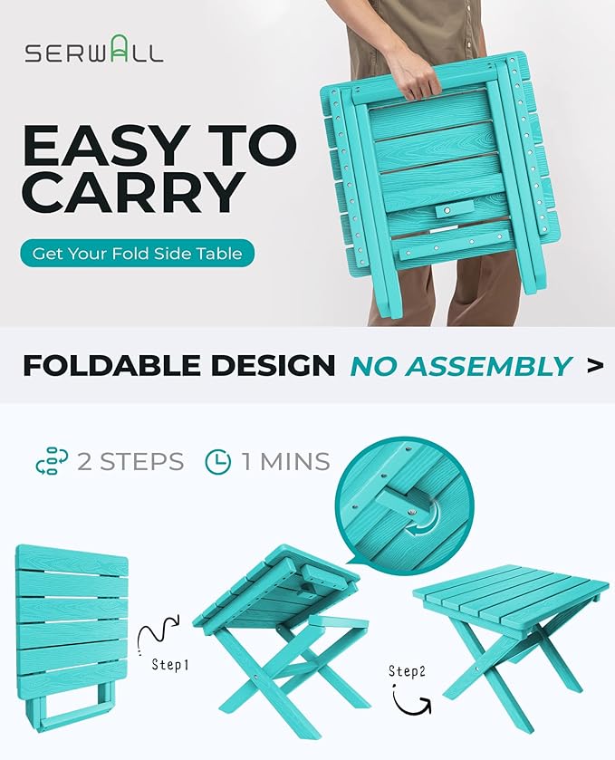 SERWALL Adirondack Side Table, No Assembly Outdoor End Table, HDPE Small Folding Table for Backyard Pool Porch, Aruba